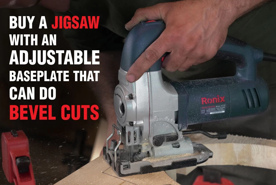 A jigsaw is used to cut metal and a text about bevel adjustment in jigsaws