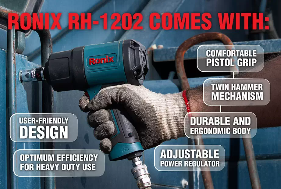 An infographic about Ronix RH-1202 air impact wrench features
