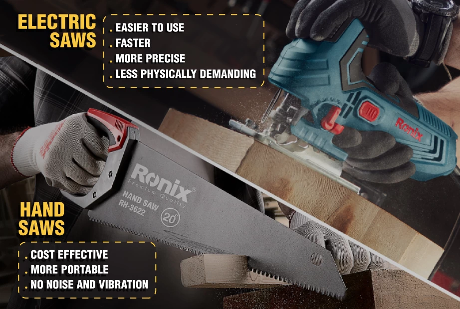 An infographic comparison of hand and electric saws