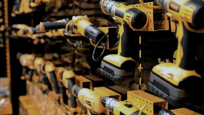 A Collection of Power tools on the stands of a hardware store