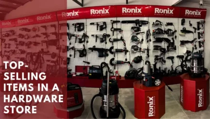 A Hardware store stand with power tools in it
