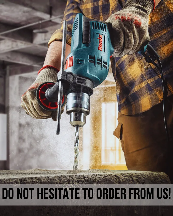 A Ronix hammer drill is being used plus text about ordering tools