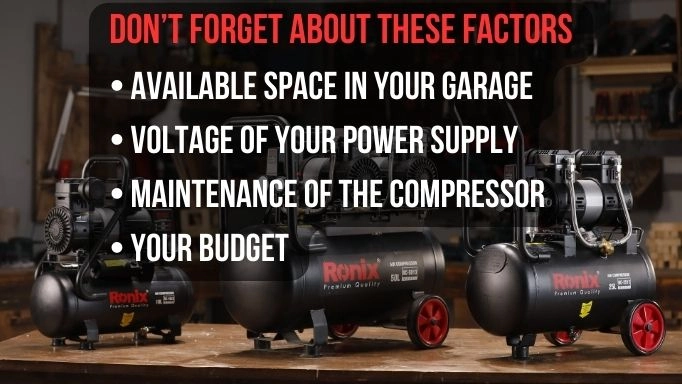 A collection of air compressors plus text about important factors to consider when buying air compressors