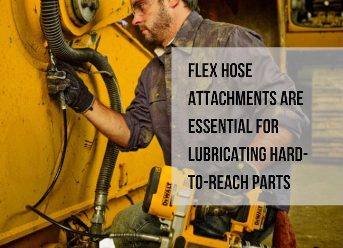 A grease gun being used to lubricate heavy machinery plus text about how flex hoses are essential