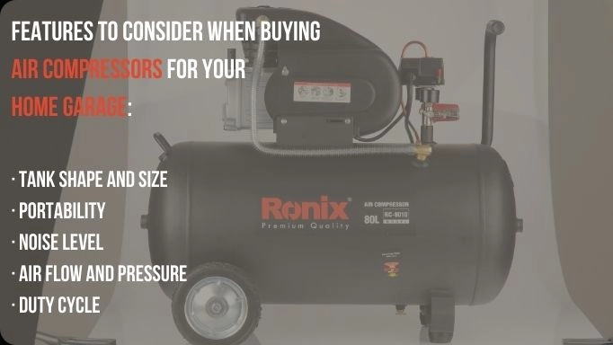 An 80-L compressor plus text about features to consider when buying air compressors for home garage)
