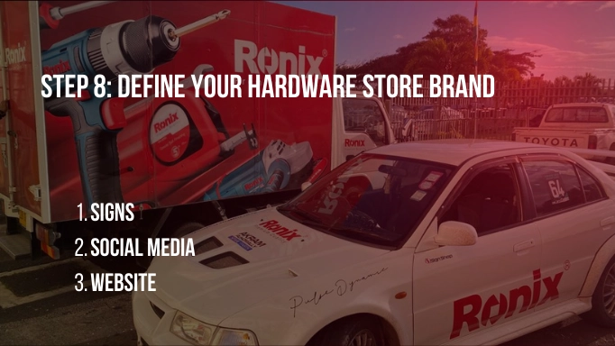 Cars with environmental ads on them plus text about defining your hardware store brand
