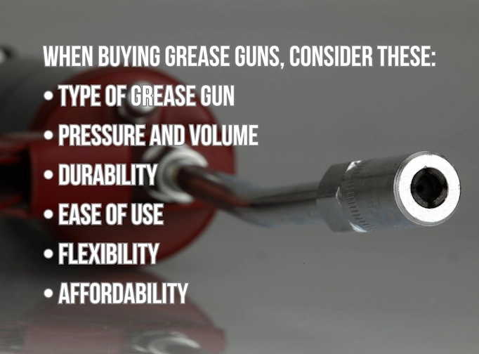Close-up of a grease gun plus text about factors for choosing one