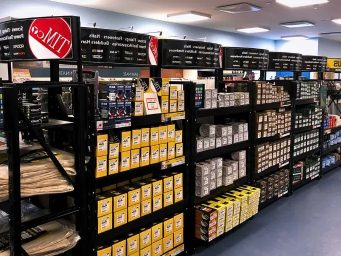 Nails and Fasteners’ boxes in raw, in a hardware store