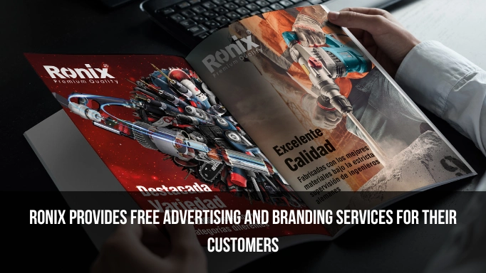 Ronix Tools catalog plus text about how Ronix provides free branding service