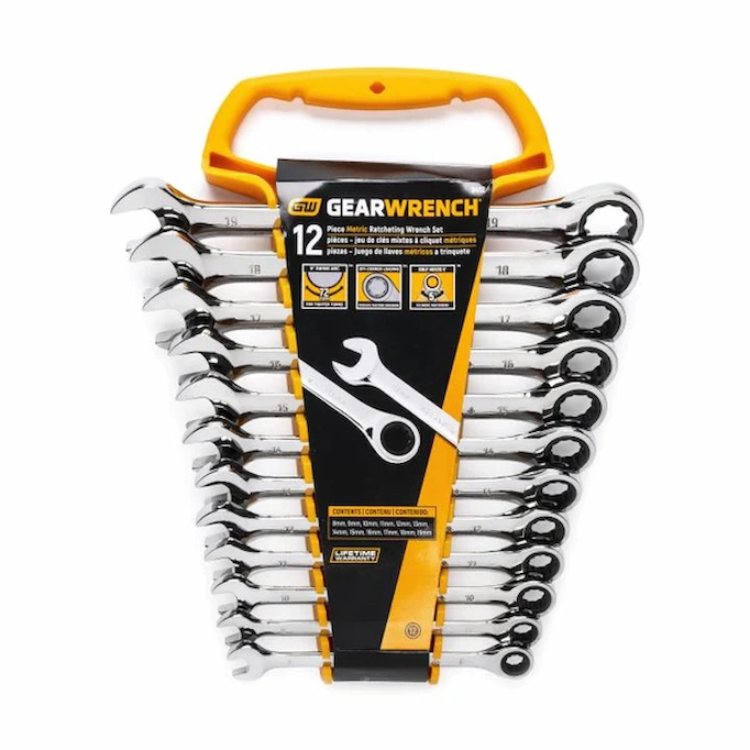 A 12-piece metric ratcheting wrench set