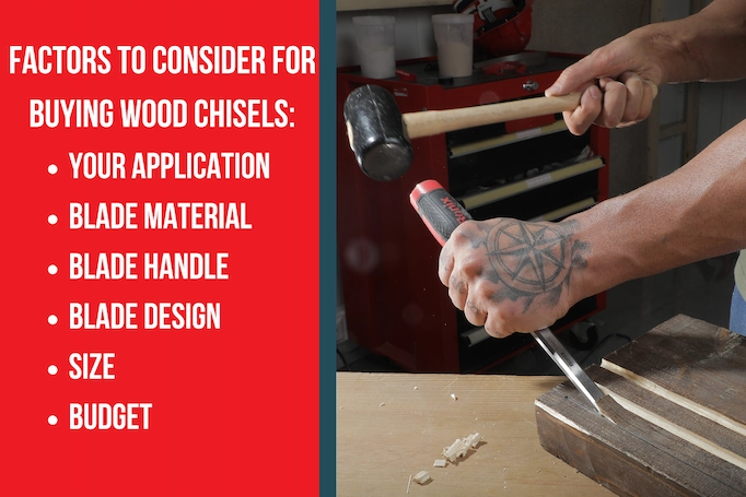 A chisel being used and a text about factors to consider for buying wood chisels