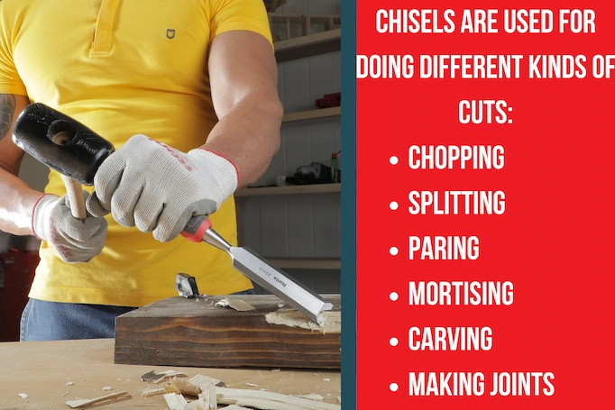A chisel is being used on wood plus text about different cuts of woodworking cuts