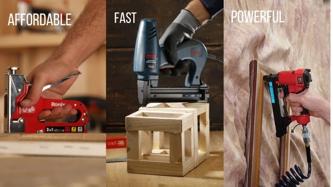 A collage of manual, electric and pneumatic staple guns