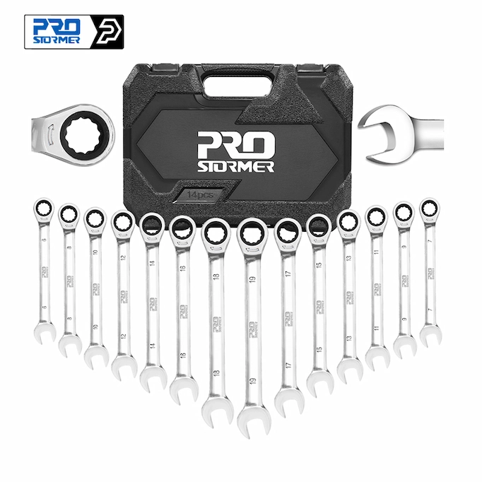 A ratcheting wrench set with a portable box