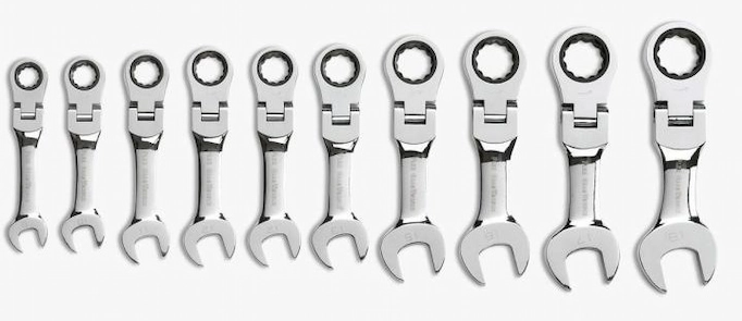 A set of flex-head stubby ratcheting wrenches