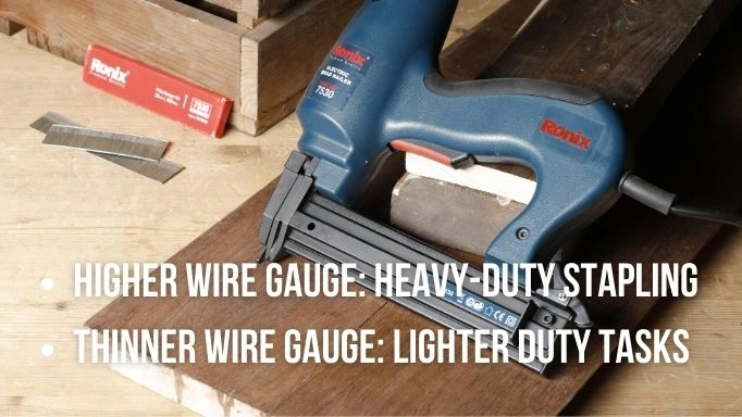 An infographic about staple guns with high wire gauge vs. those with thinner wire gauge