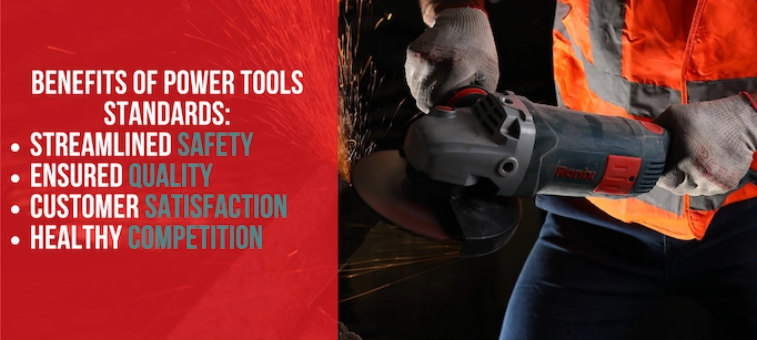 Angle grinder is being used plus info about benefits of tool standards