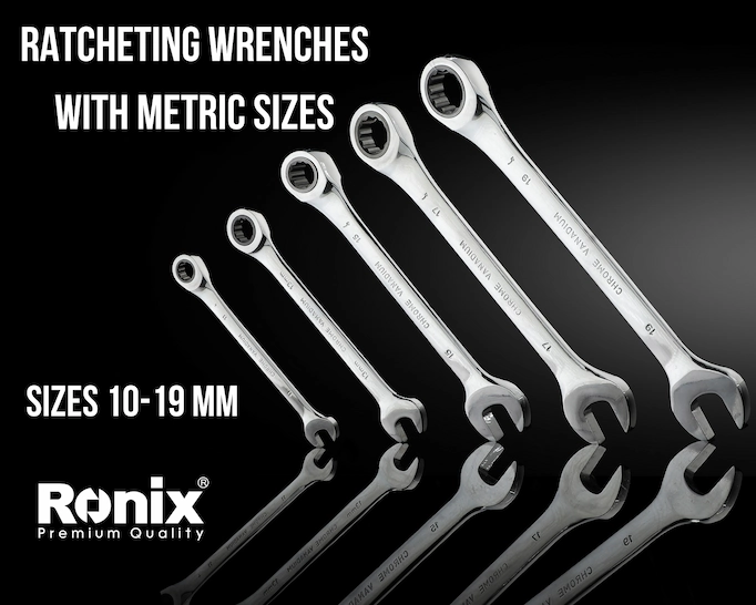 Collection of ratcheting wrenches with metric sizes