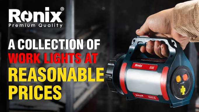 User handling a portable spotlight with text about the collection of Ronix spotlights