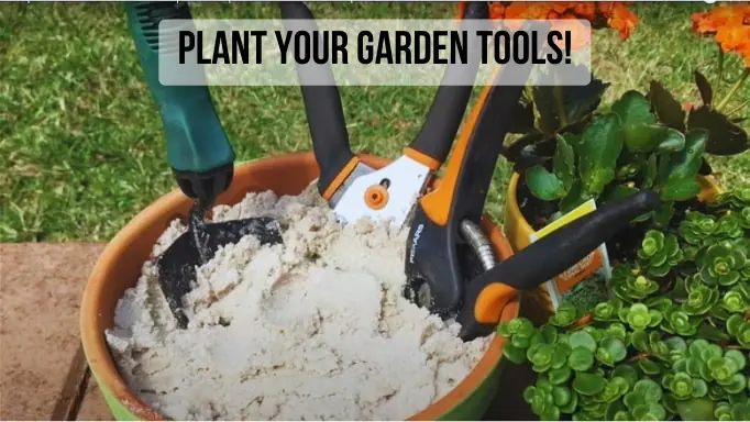  using a bucket as a garden tools organizer