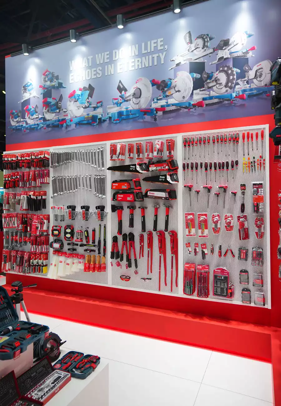 Ronix collection of hand and power tools hang on the Big 5 global stands