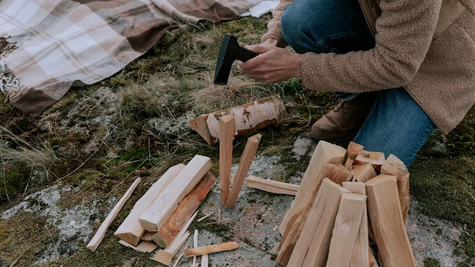 A small camping axe is used to split wood