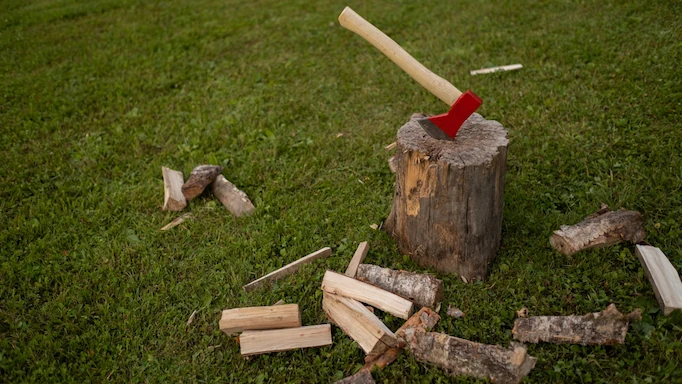 An axe stuck inside a tree stump