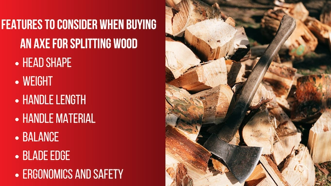 An axe and woodfire plus text about features of the best axes for splitting wood