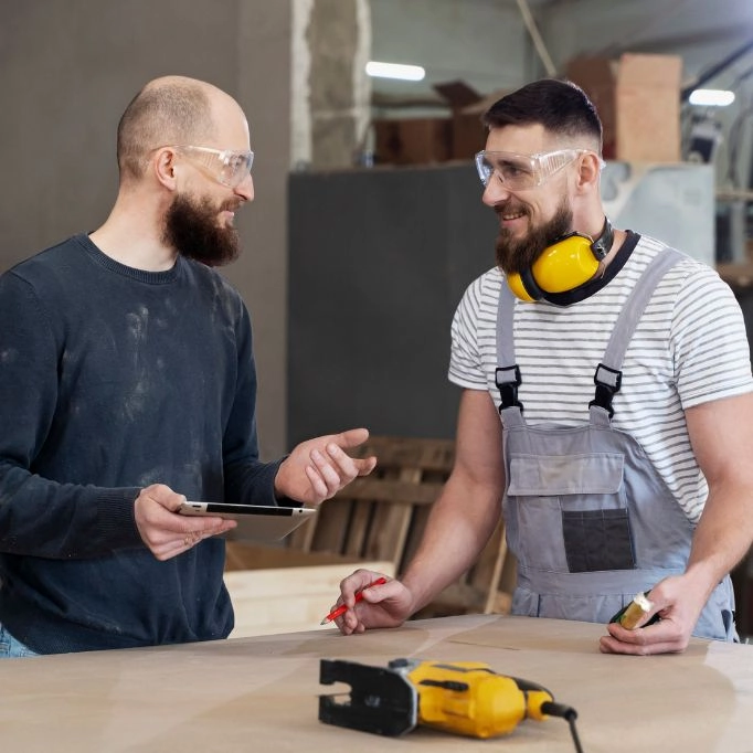 picture of 2 boys talking about tools shop CRM