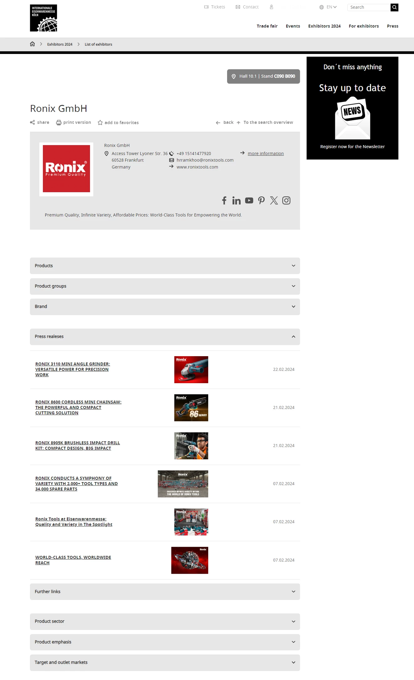 A screenshot of Ronix Tools profile on Eisenwarenmesse website