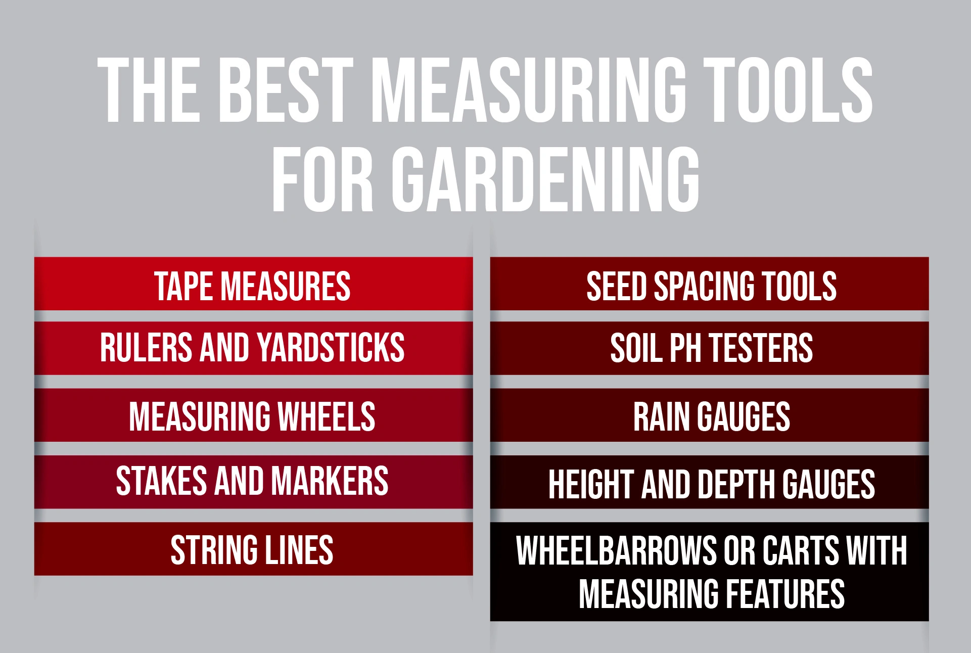 The Best Measuring Tools for Gardening
Surely, if you read the article up to here, you have a grasp on what are the best measuring tools for you. But if you’re just here to read about measuring tools for gardening, just dig in!
•	Tape measures
•	Rulers and yardsticks
•	Measuring wheels
•	Stakes and markers
•	String lines
•	Seed spacing tools
•	Soil pH testers
•	Rain gauges
•	Height and depth gauges
•	Wheelbarrows or carts with measuring features
