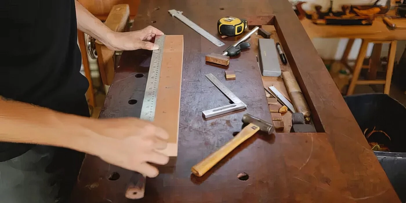 Carpenter using a ruler to measure and mark wood