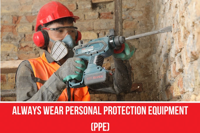 Rotary hammer is used to remove bricks and tiles plus info about wearing PPE