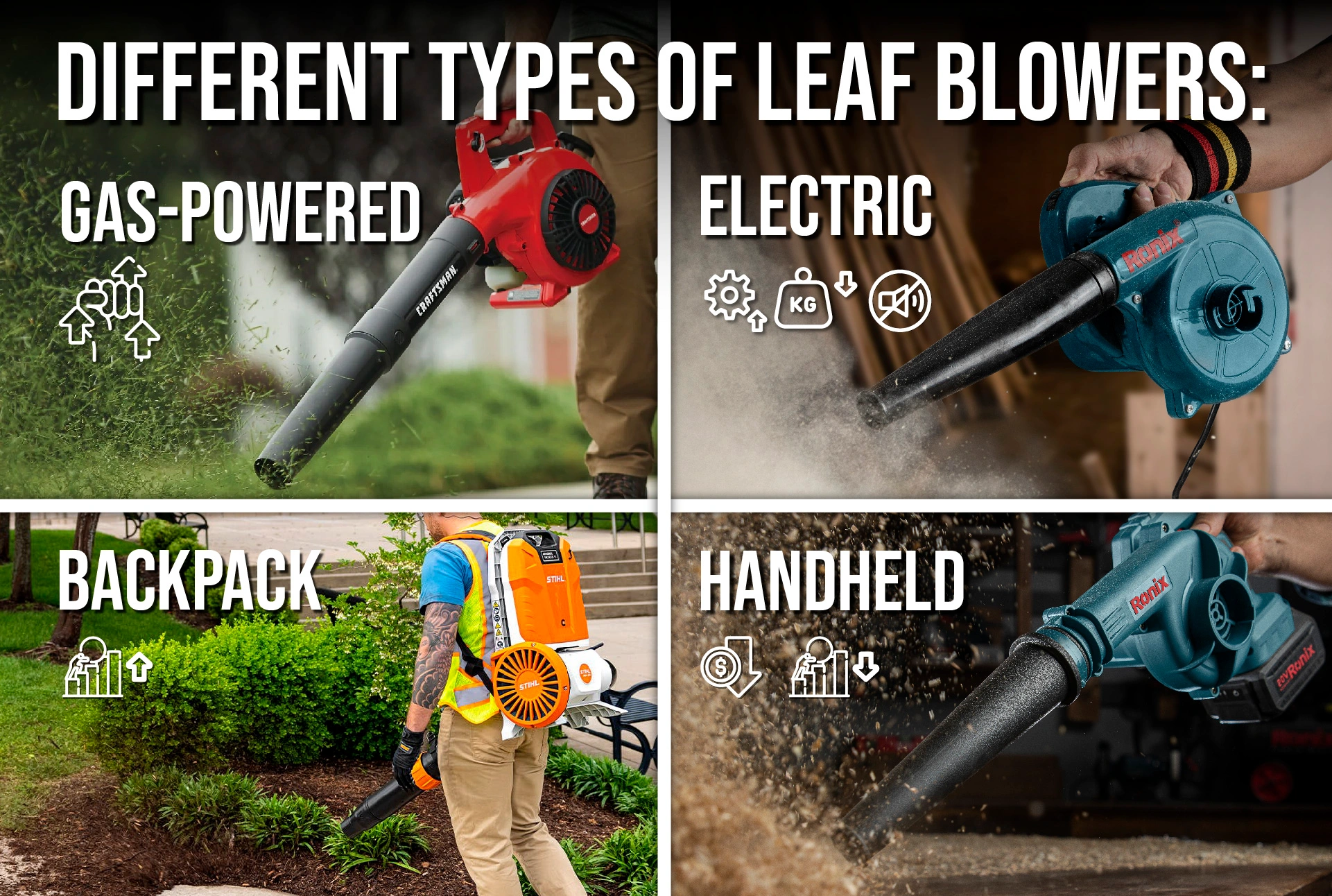 An infographic on different types of leaf blowers
