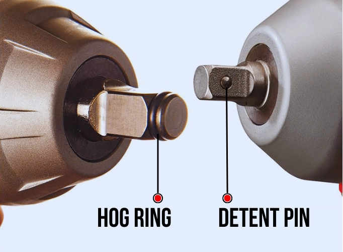 hog ring and detent pin in a cordless impact wrench