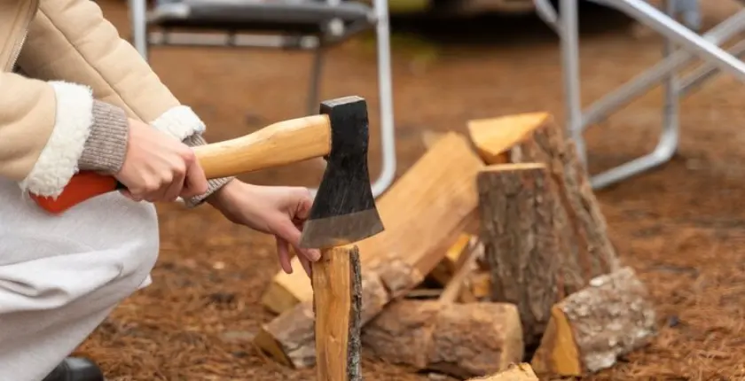 Splitting firewood with an axe 