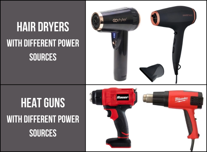 hair dryers and heat guns with different power sources
