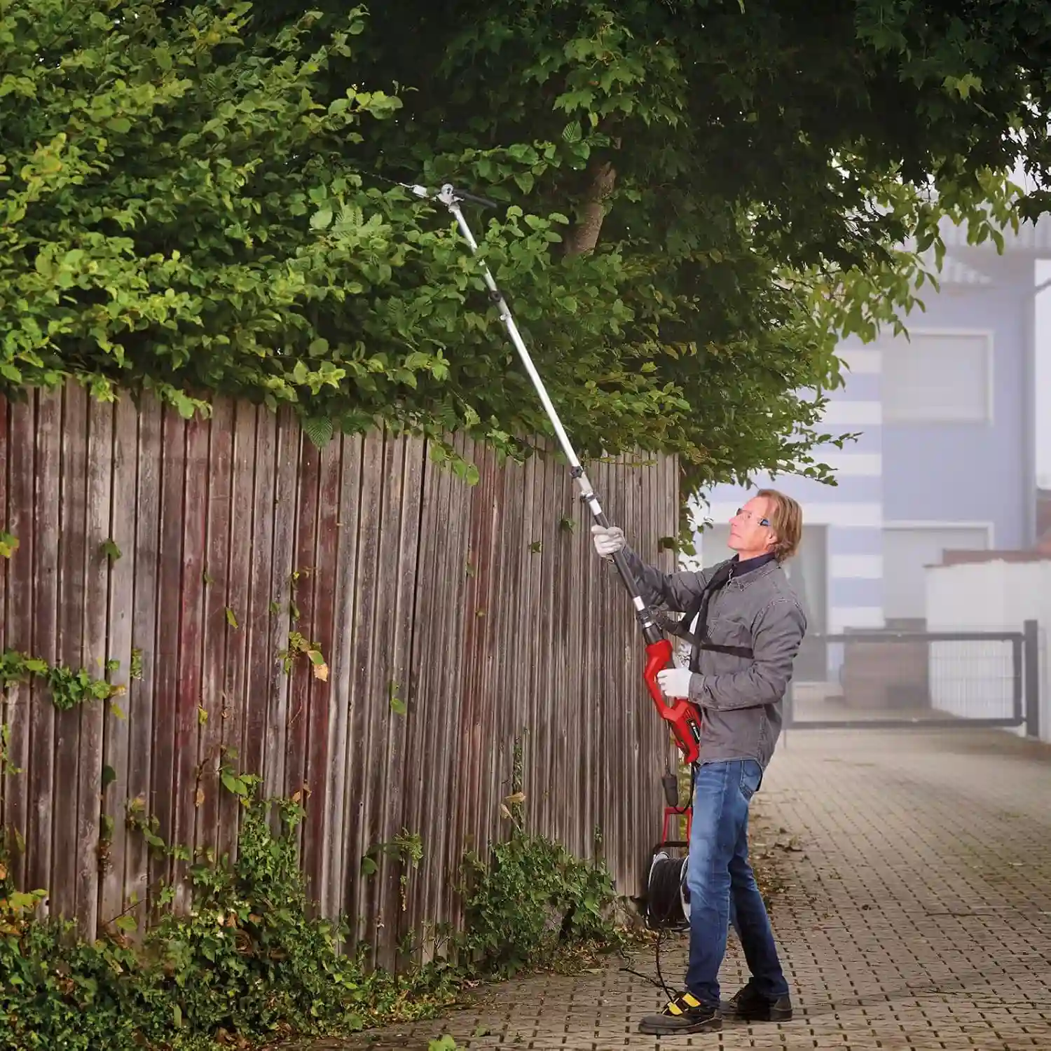 picture of a person using a pole hedge trimer 