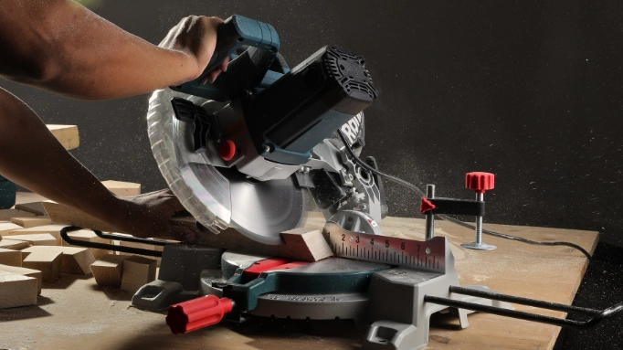 A photo focusing a miter saw’s accuracy