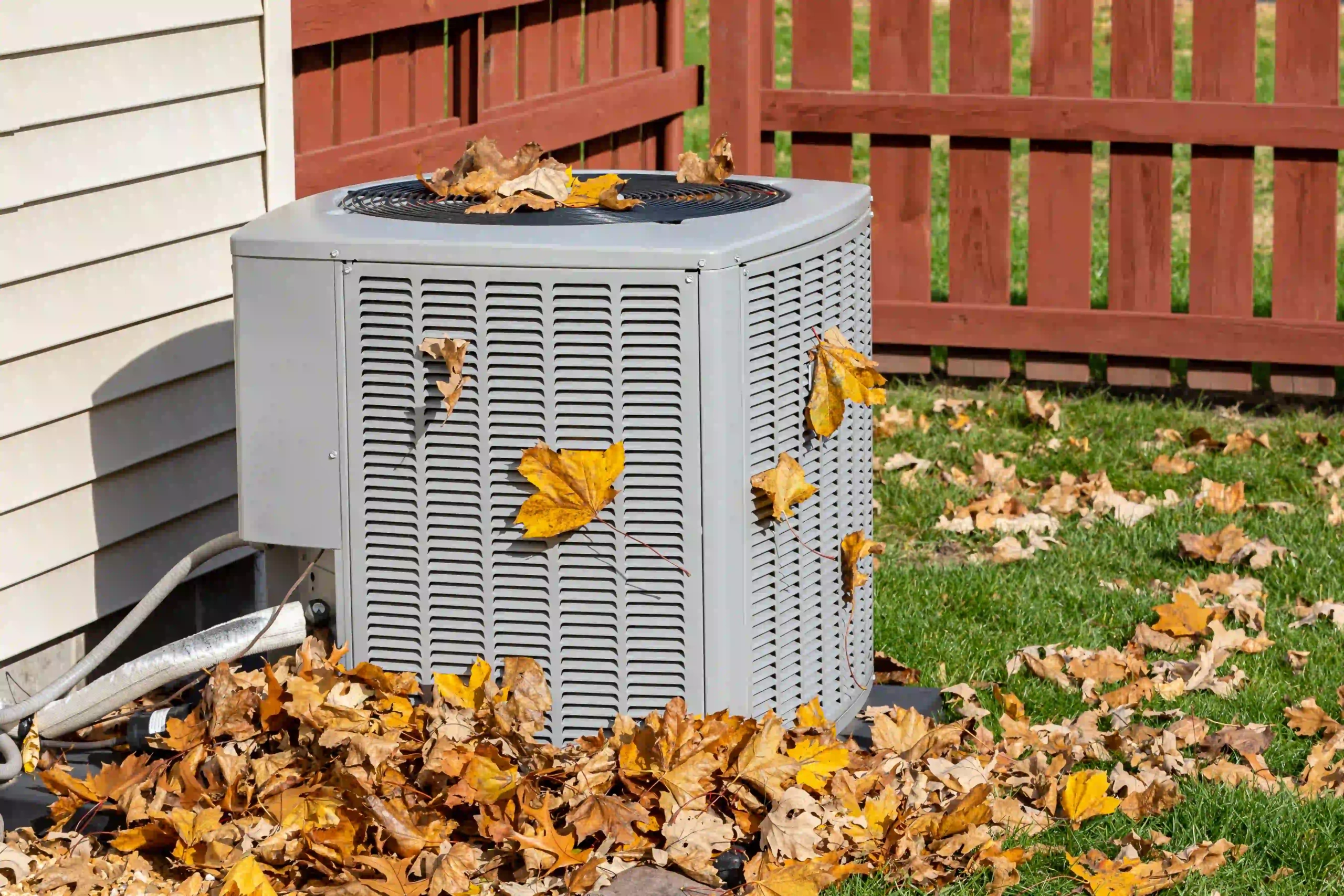 An AC unit placed outdoors on a fall day