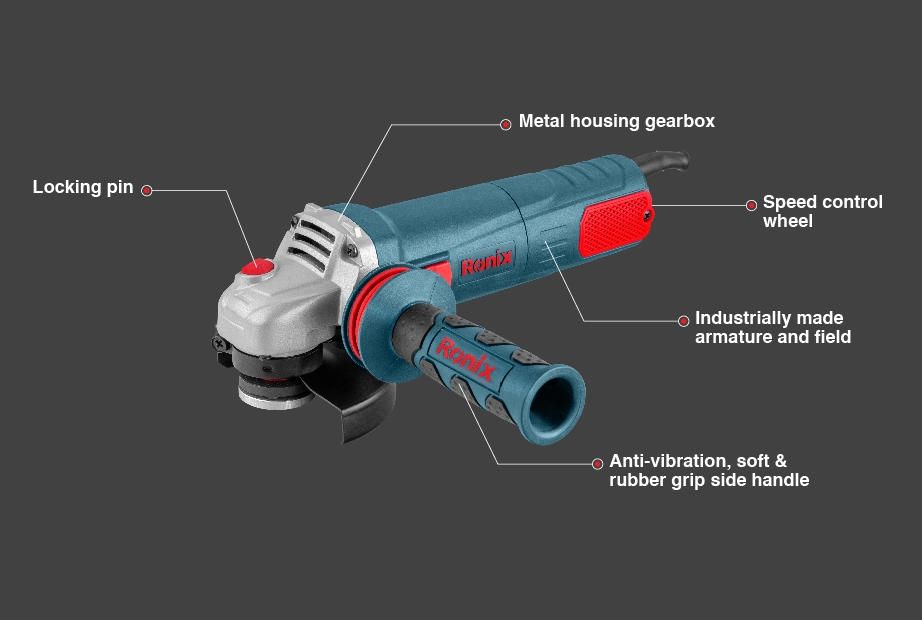 An angle grinder with its parts