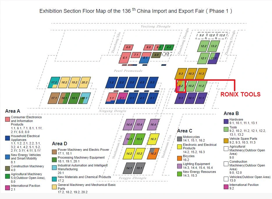 136th Canton Fair 2024 halls map and location of the Ronix booth in phase 1