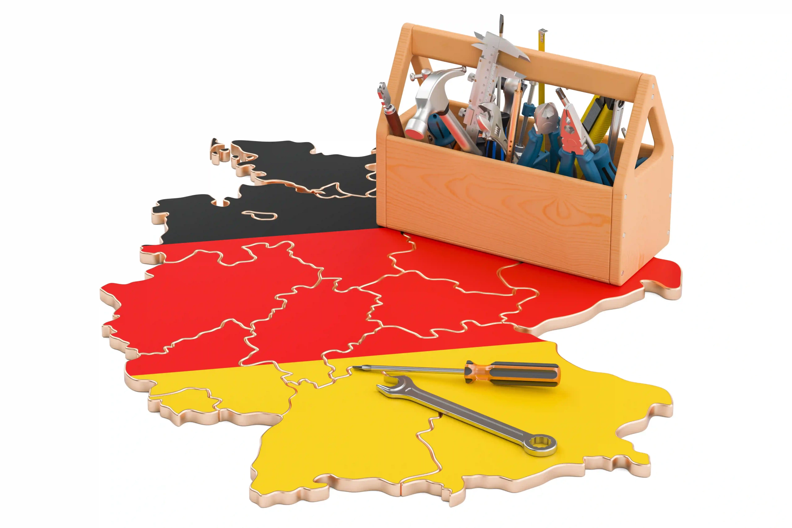 German Hand Tool Manufacturers, A map of Germany with a wrench, a screwdriver, and a crate tool box on top of it filled with hand tools