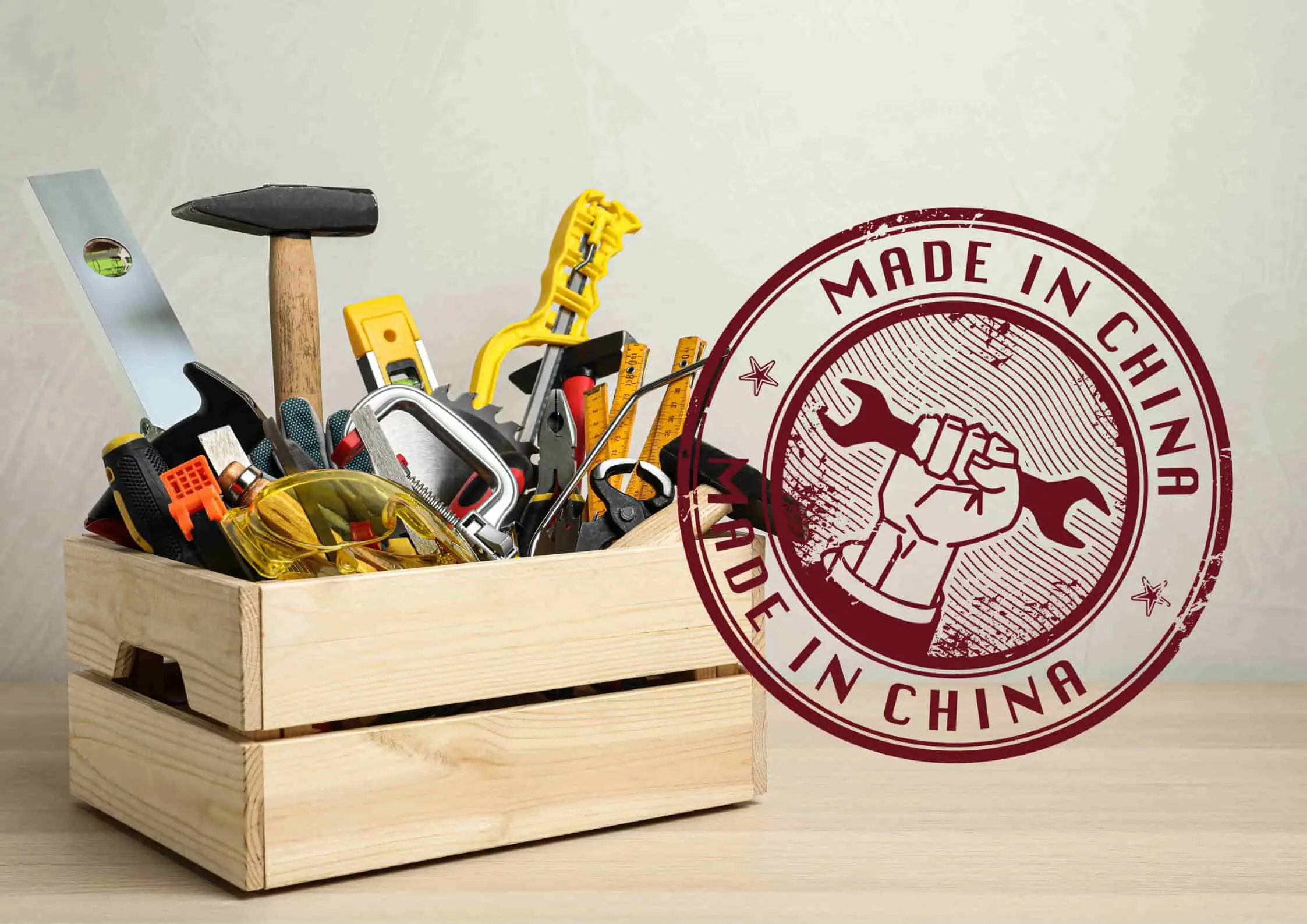 A crate full of hand tools with a stamp saying made in China