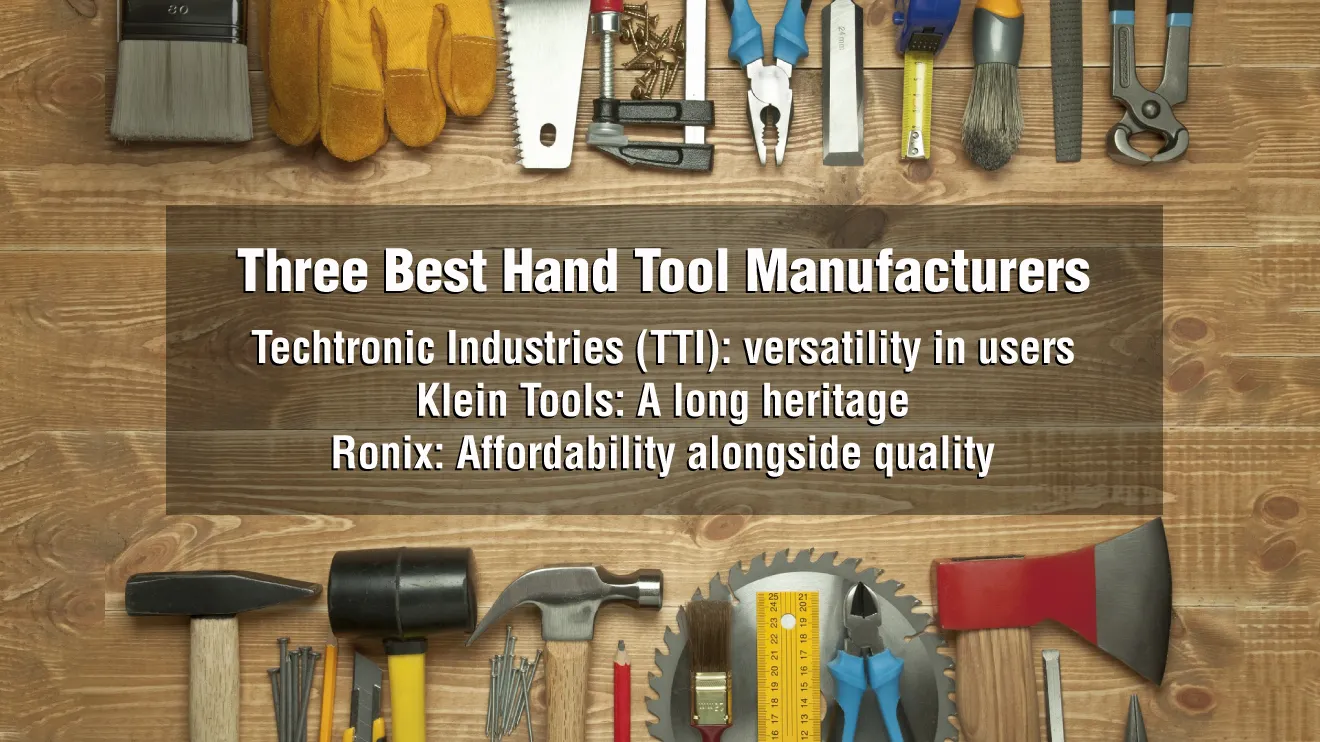 infographic photo with names of three best hand tool manufacturers on a table filled with hand tools