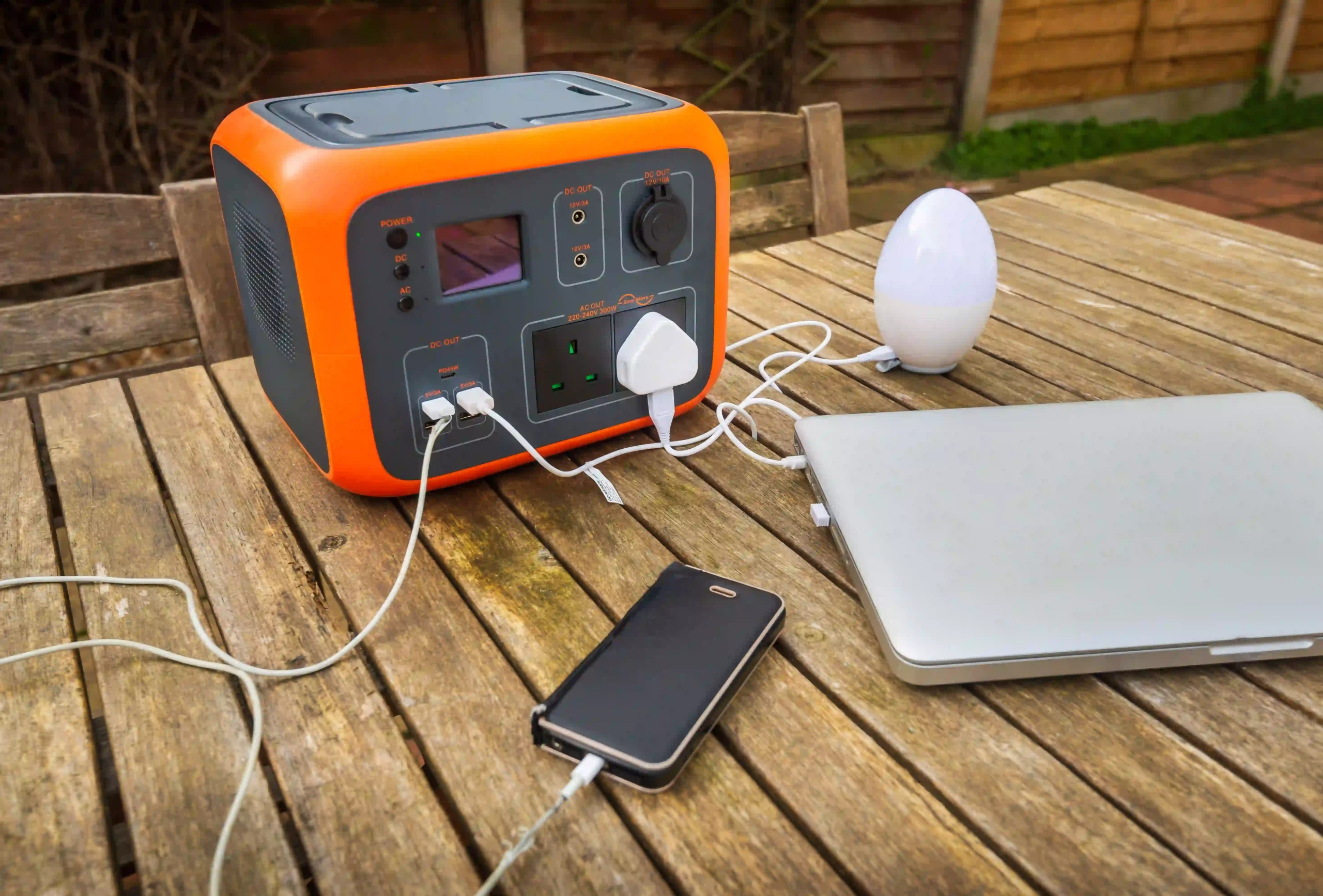 picture of a portable generator charging a phone and a laptop