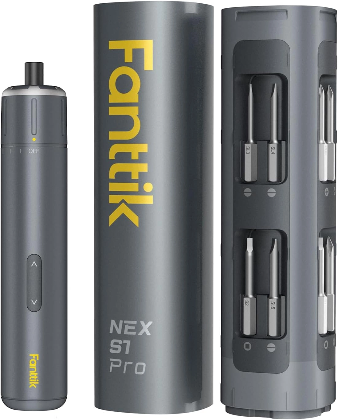 Fanttik NEX E1 Max electric screwdriver with a sleek design and a detailed bit organizer