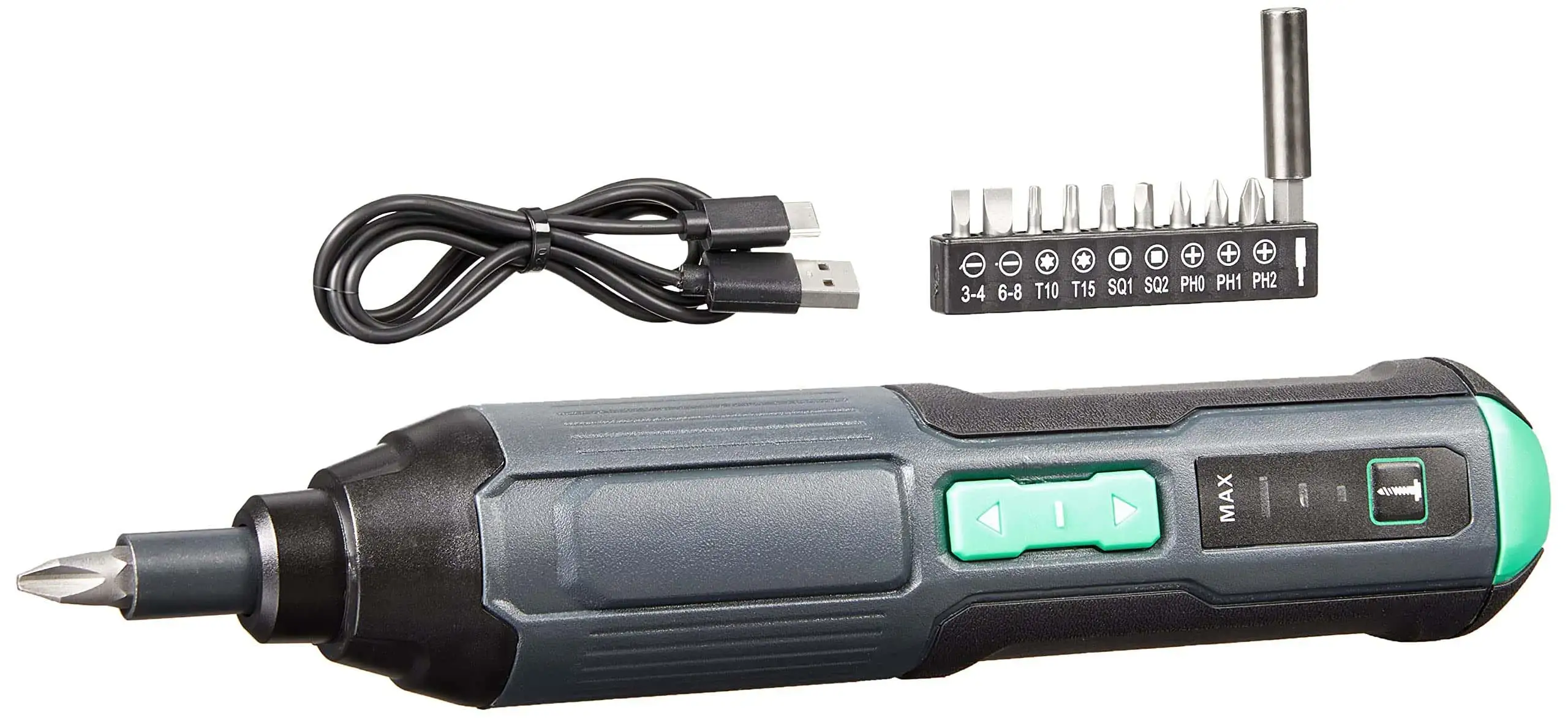 Cordless electric screwdriver kit with USB cable and multiple bit options