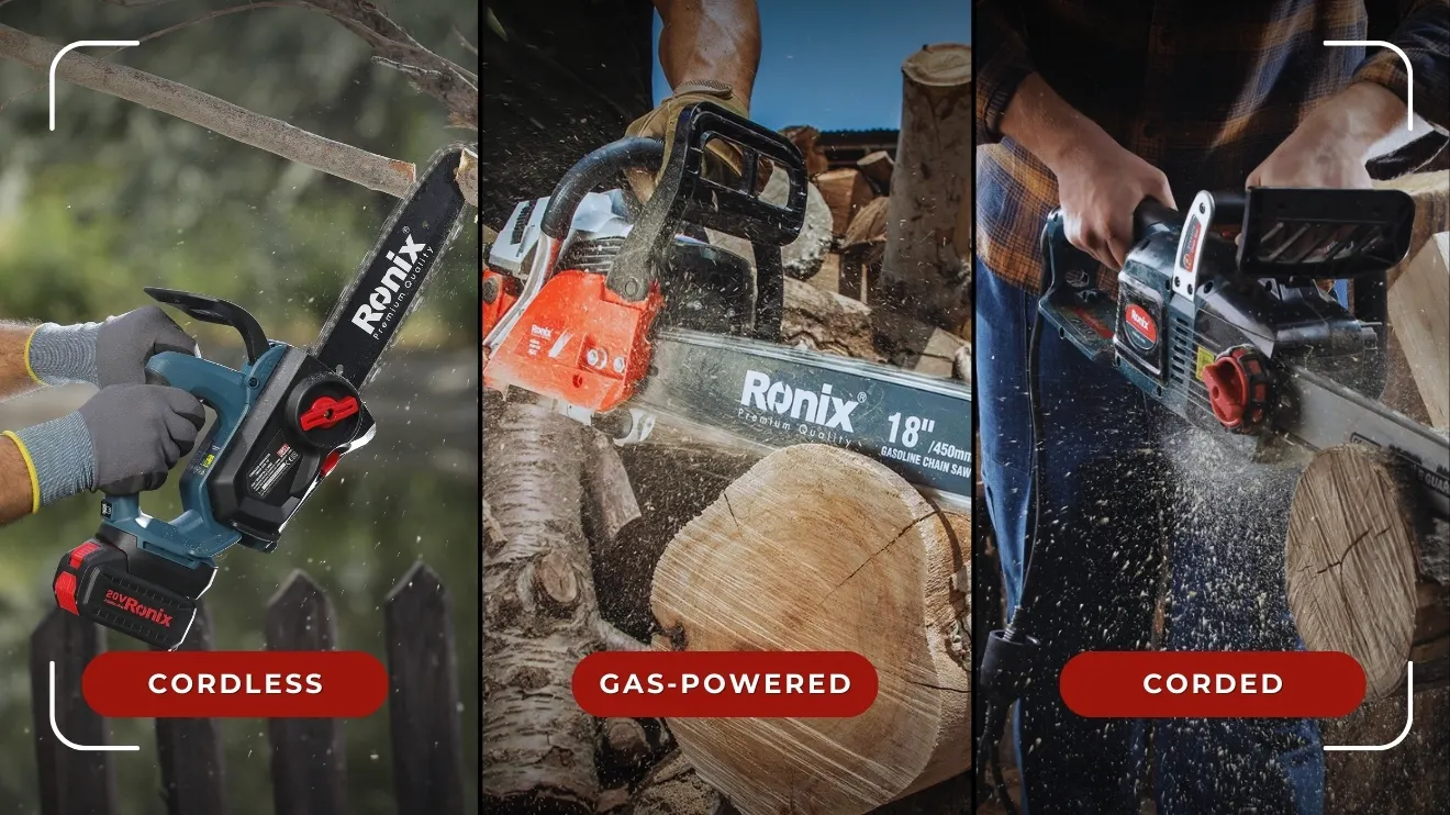 A collage photo of three chainsaw types: cordless, corded, gas-powered