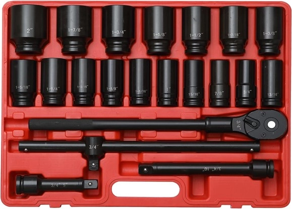 34-inch drive impact socket set, 21-piece deep socket spanner assortment, hexagonal deep inch sizes (34 inches to 2 inches)